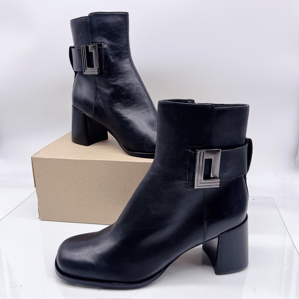 KARL LAGERFELD PARIS Women's Pomona Square Toe Boot Heeled Black Leather US 10